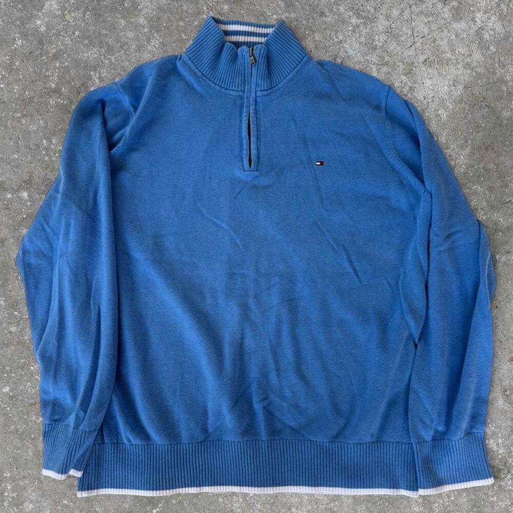 Tommy Hilfiger Men’s Blue Quarter Zip Pullover Sweater Cotton Size XXL Logo